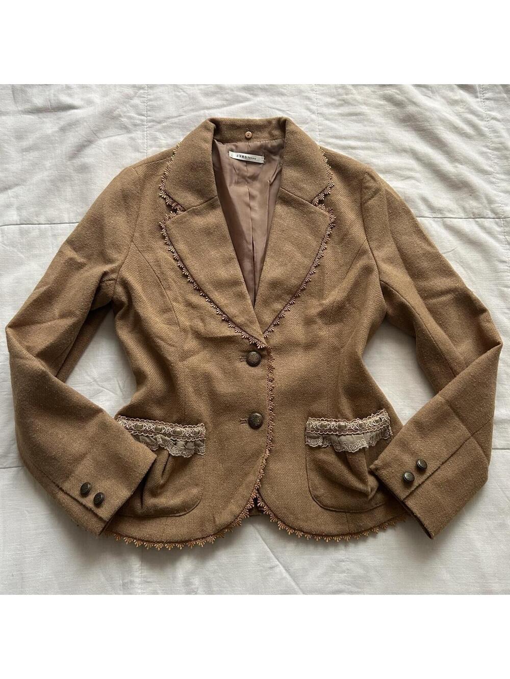 Axes Femme Brown Lace Trim Tailored Blazer Jacket Medium Japan